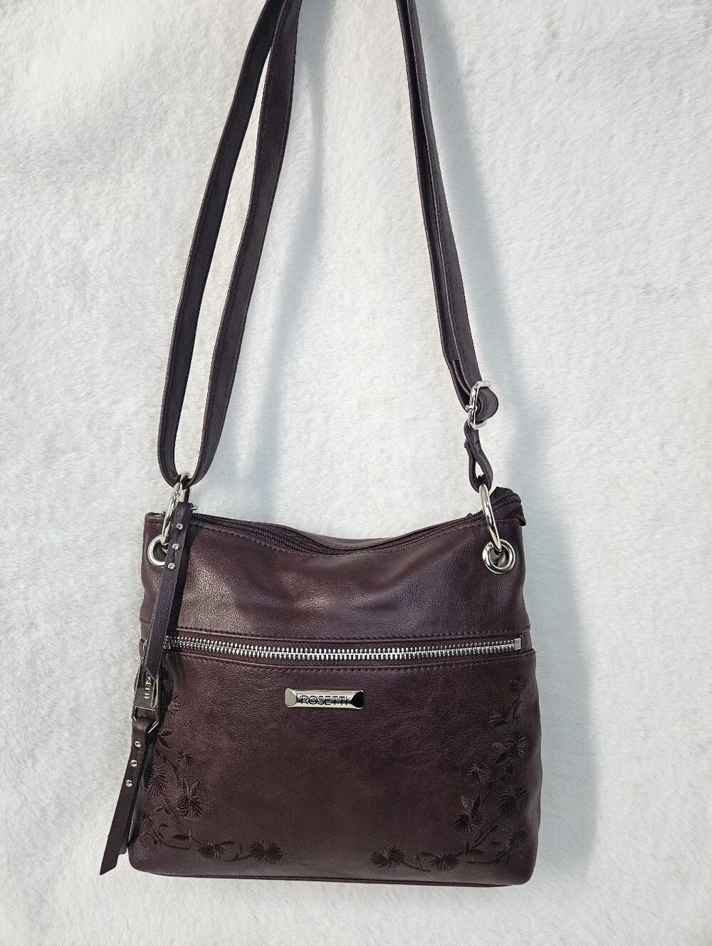 Rosetti Burgundy Crossbody Bag with Floral Embossing